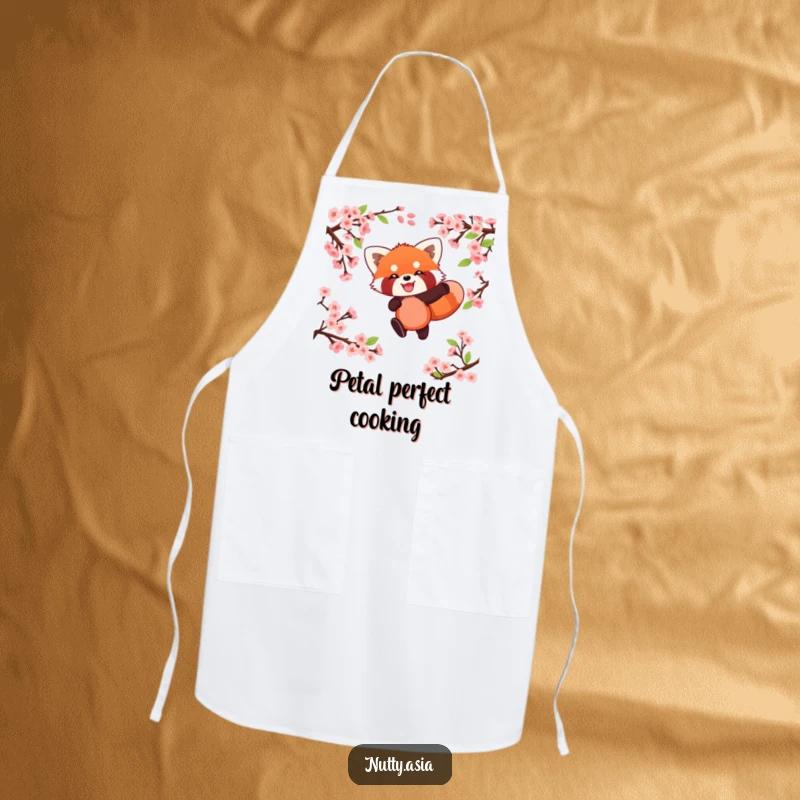 Funny red panda chef leaping through blossoms, a humorous kitchen gift.