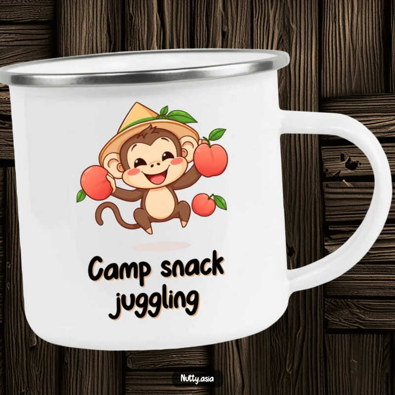 Funny monkey juggling fruit around a campfire, a humorous and rugged camping mug.