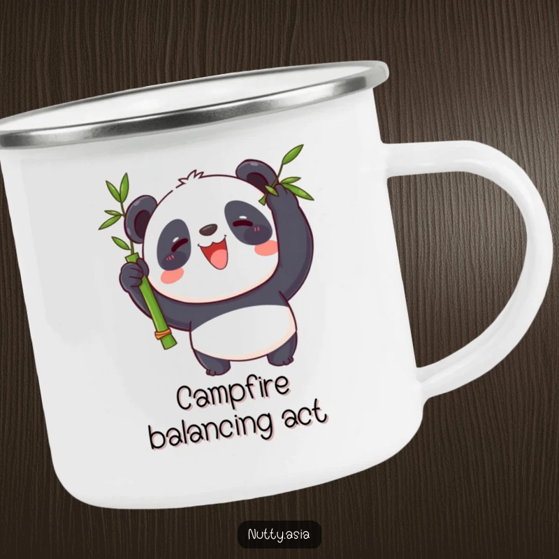 Funny panda balancing bamboo around a campfire, a humorous and rugged camping mug.
