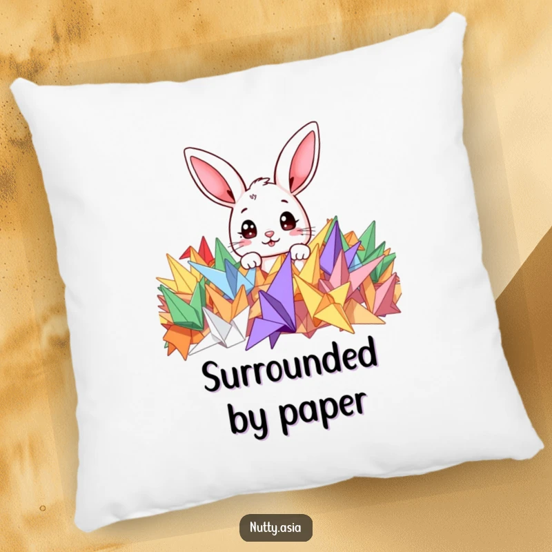 Funny pillow featuring a cute bunny peeking out from a colorful bed of origami cranes, bringing softness and charm.