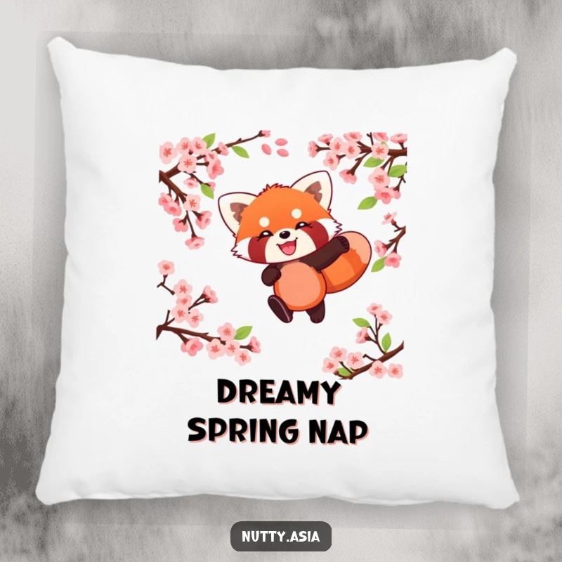 Soft funny red panda character leaping through blossoms, a comfortable and humorous decorative pillow.