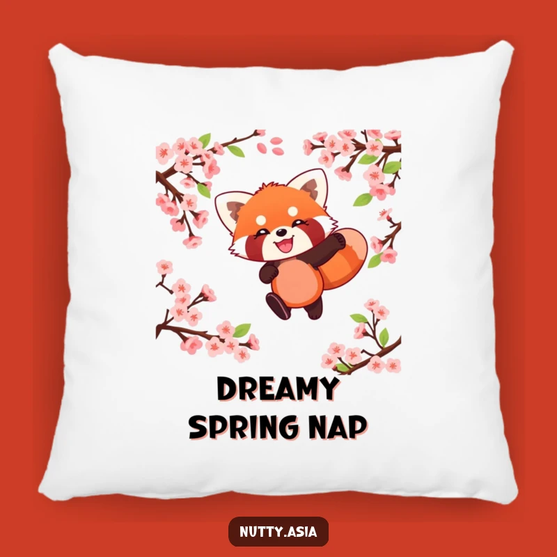 Funny Red Panda Blossom Leap Pillow - Comfy Animal Springtime Cushion Gift