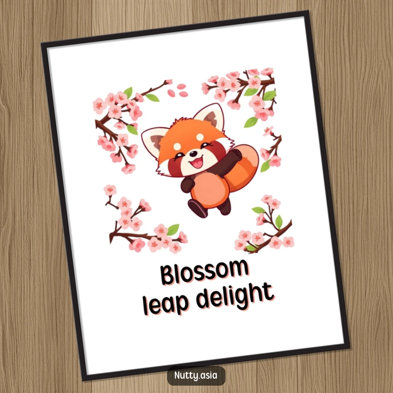 Delighted red panda leaping through cherry blossoms, printable art, humorous digital download.
