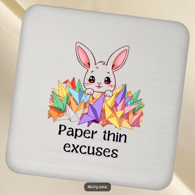 Funny coaster with a cute bunny peeking from colorful origami cranes, adding a whimsical touch to any table setting.