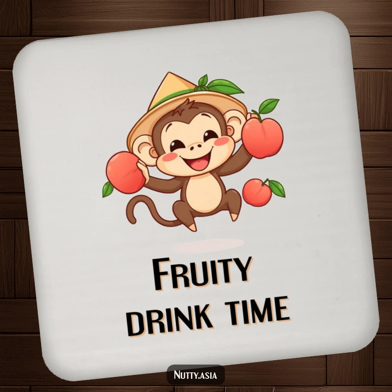 Funny monkey juggling peaches, protecting a table, a humorous and functional coaster.