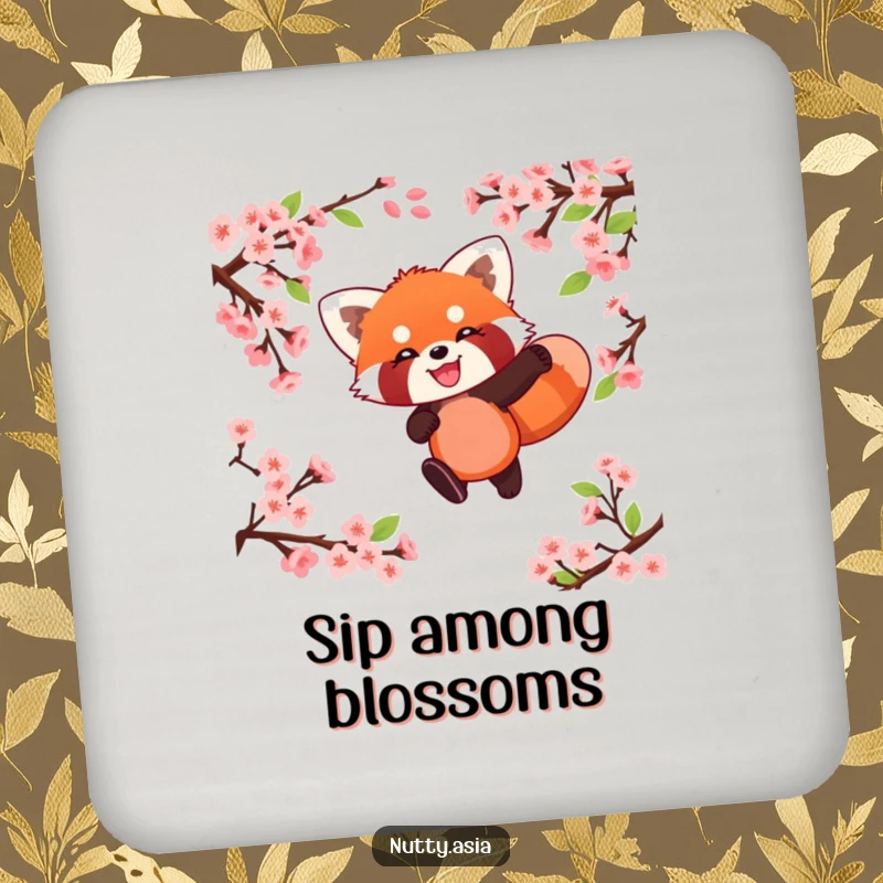 Funny red panda leaping through blossoms, protecting a table, a humorous and functional coaster.