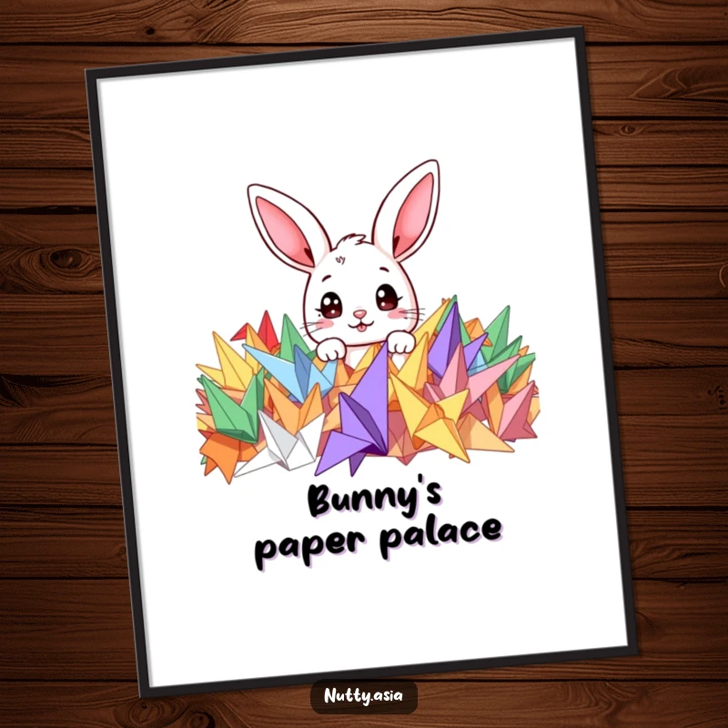 Funny poster art of a cute bunny peeking from a vibrant stack of origami cranes, with eyes full of wonder and innocence.
