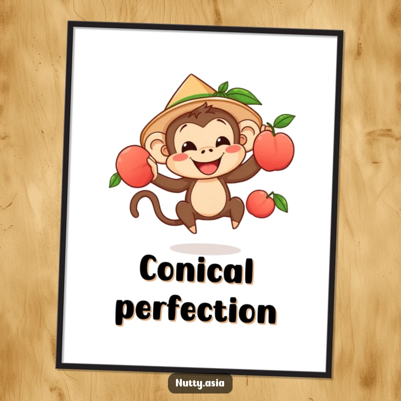 Cheerful monkey juggling peaches, wearing a conical hat, a delightful and humorous wall art.