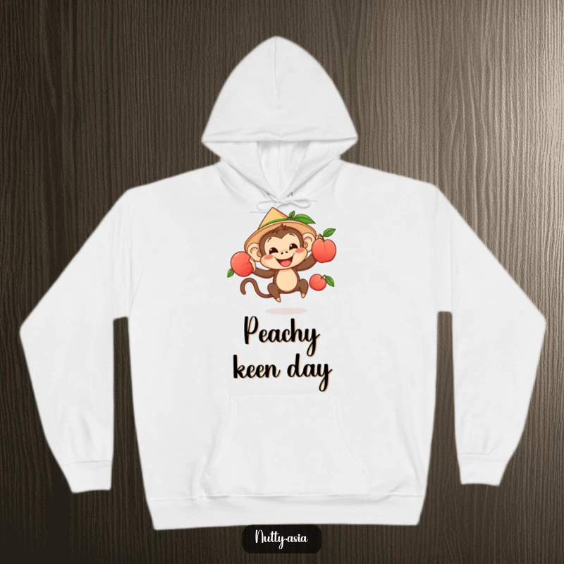 Cozy funny monkey wearing a hat, juggling fruit, a warm and cheerful hoodie.