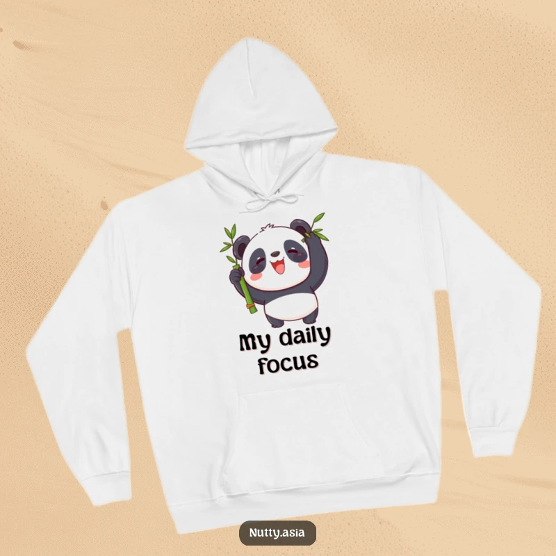 Cozy funny panda wearing a hat, balancing bamboo, a warm and whimsical hoodie.