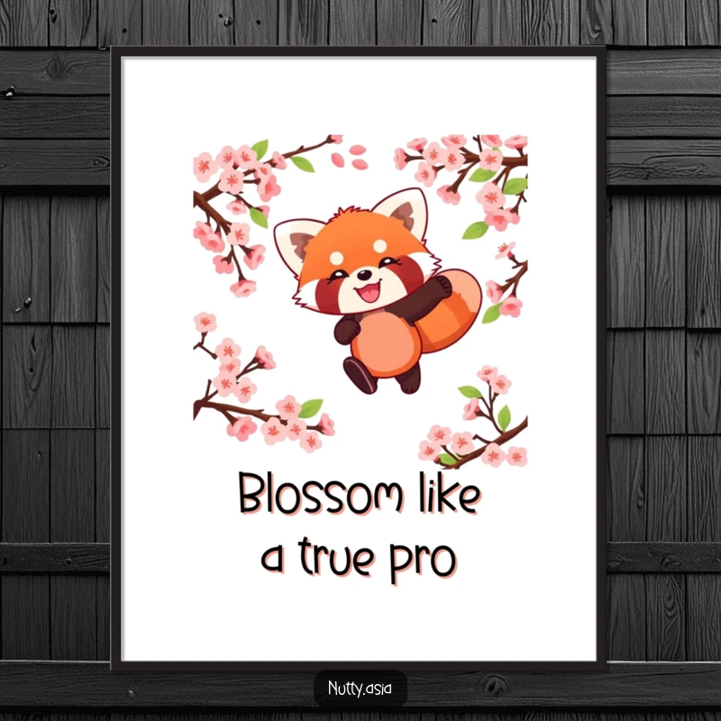 Funny free printable wall art: a delighted red panda playfully leaping through a shower of blooming cherry blossoms, radiating happiness.