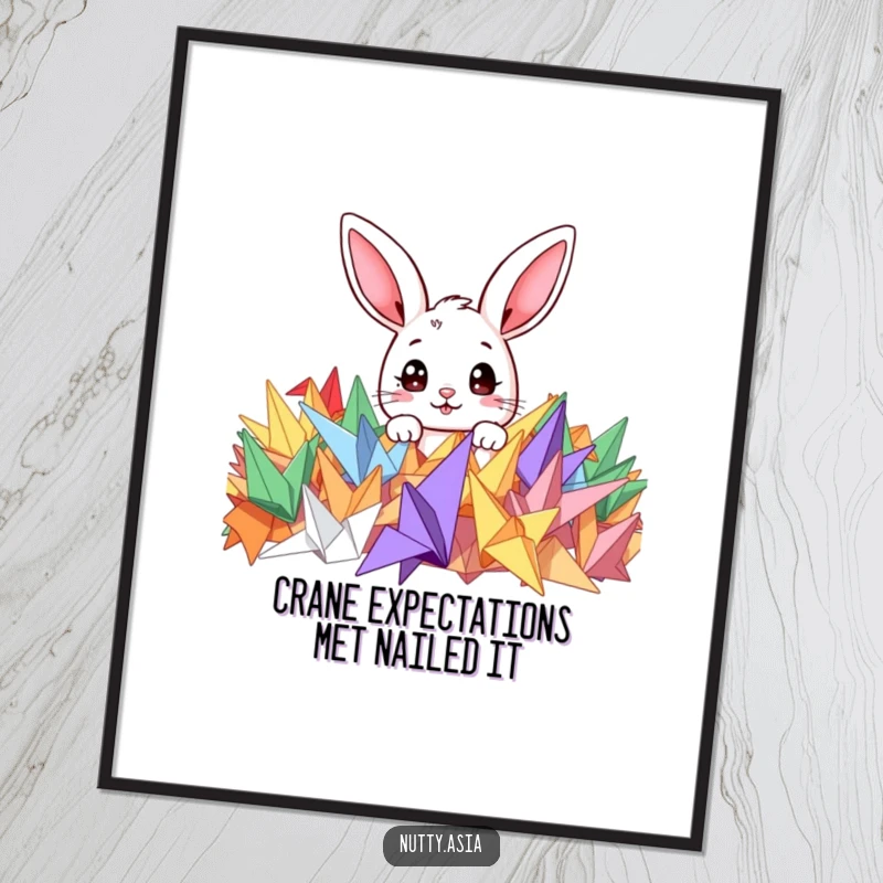 Funny Free Printable Wall Art: A cute bunny peeking from colorful origami cranes, whimsical downloadable decor.