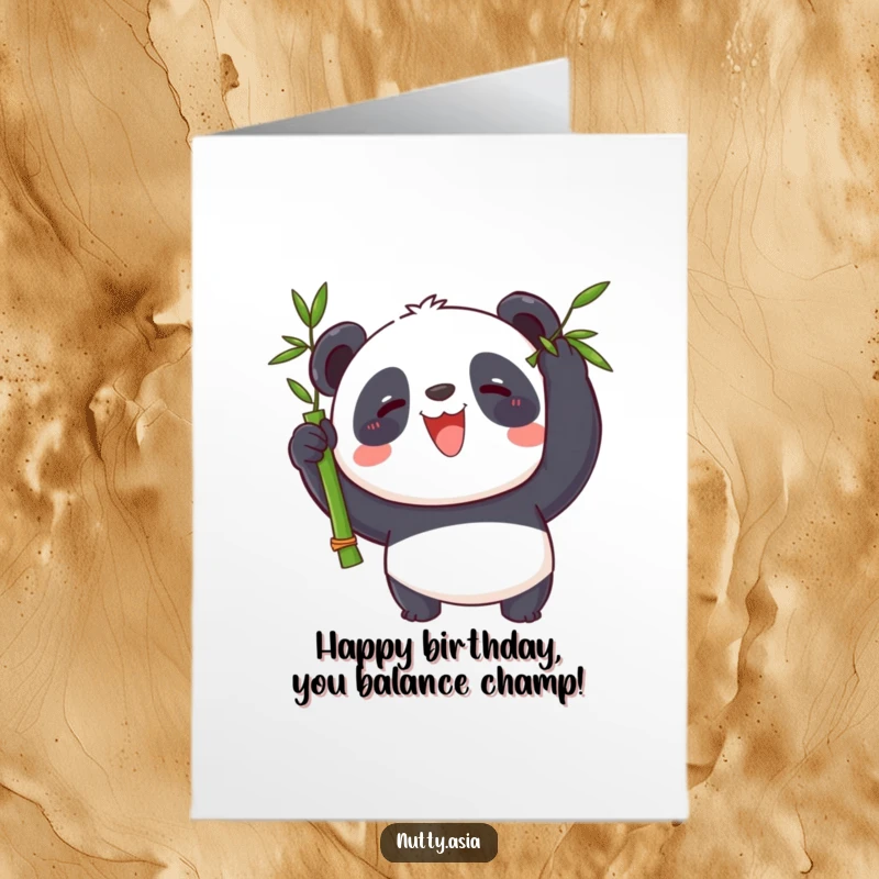 Funny free printable birthday card featuring a panda with a huge grin, expertly balancing a spinning bamboo stalk on its nose.