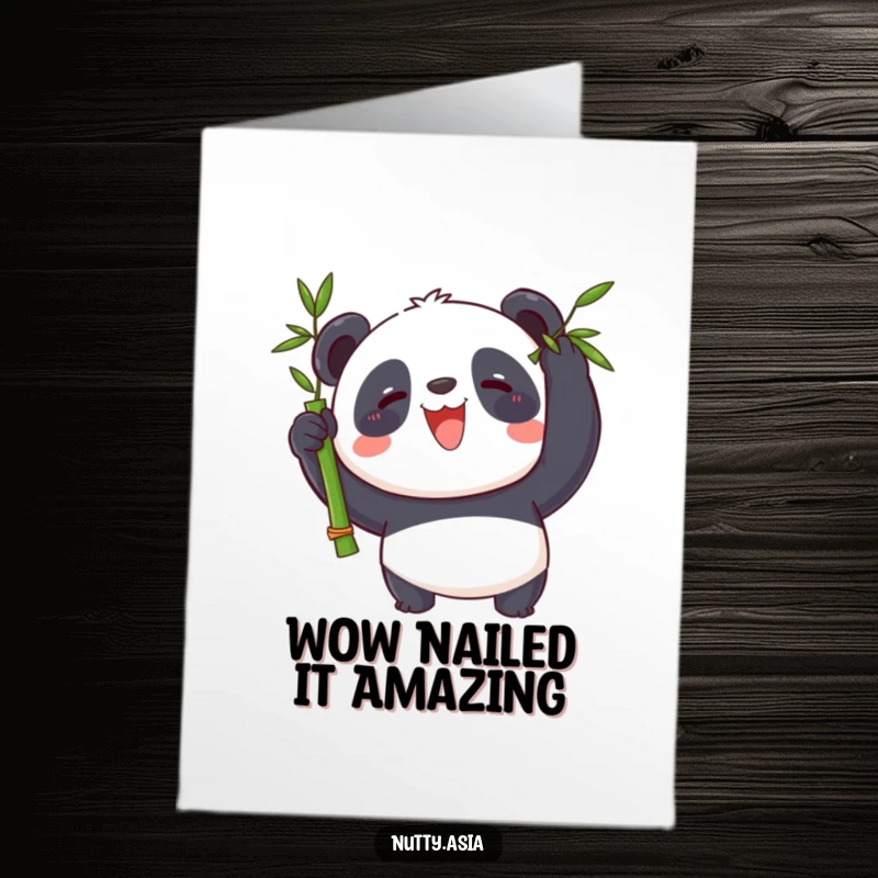 Funny free printable congratulations card showing a grinning panda flawlessly balancing a spinning bamboo stalk on its nose, celebrating a victory.