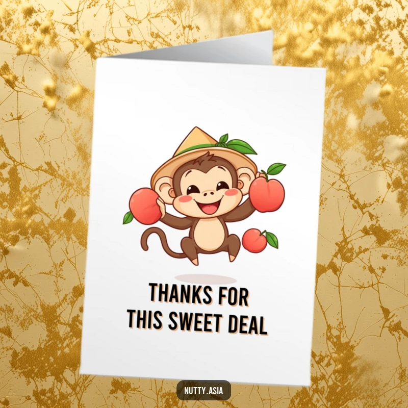 Funny free printable thank you card featuring a happy monkey in a conical hat, juggling peaches with delight, sending thanks.