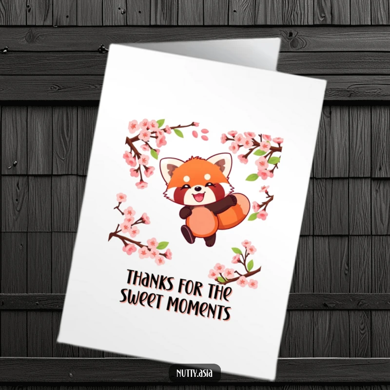 Funny free printable thank you card featuring a happy red panda leaping through cherry blossoms, conveying sincere appreciation.