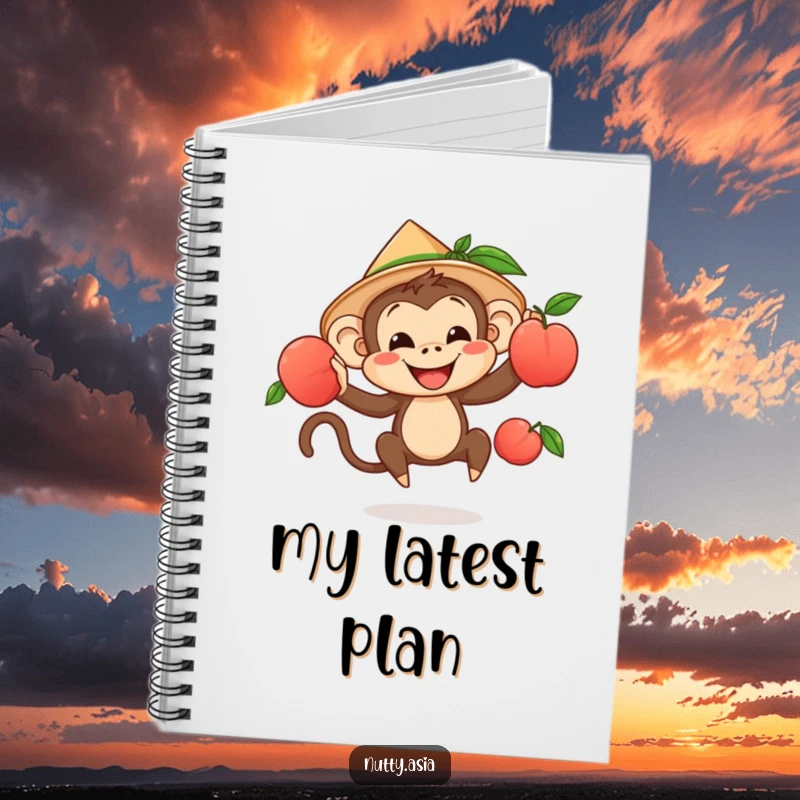 Funny monkey juggling peaches, wearing a hat, ready to write, a humorous and practical notebook.