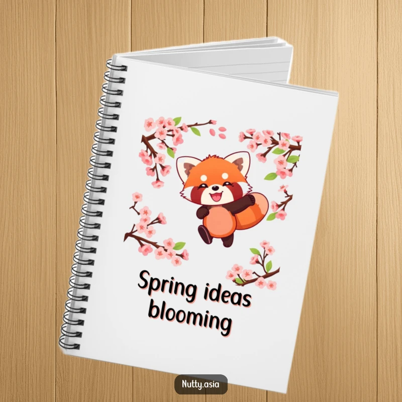 Funny red panda leaping through blossoms, ready to write, a humorous and practical notebook.