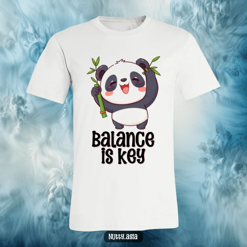 Whimsical panda character with a big grin, balancing a spinning bamboo stalk on its nose.