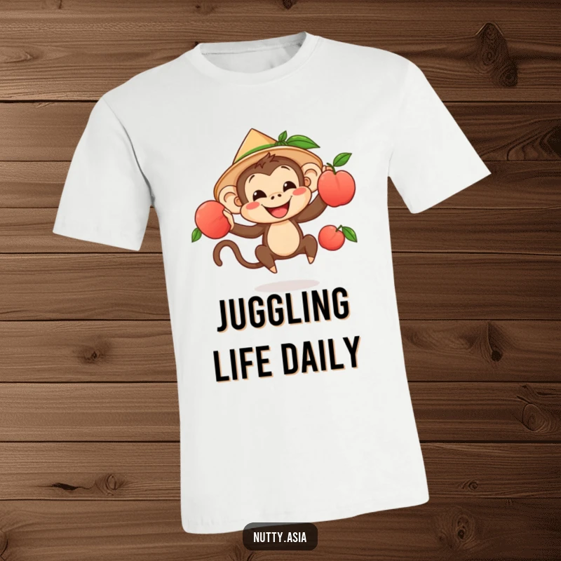 Cheerful monkey wearing a conical hat, joyfully juggling ripe peaches, a humorous t-shirt.