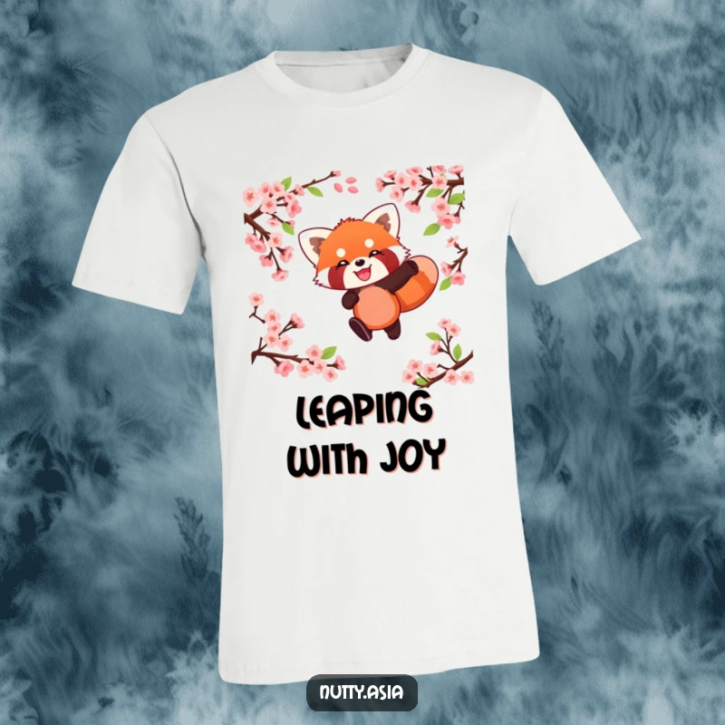 Playful red panda character leaping through blooming cherry blossoms with a happy expression.