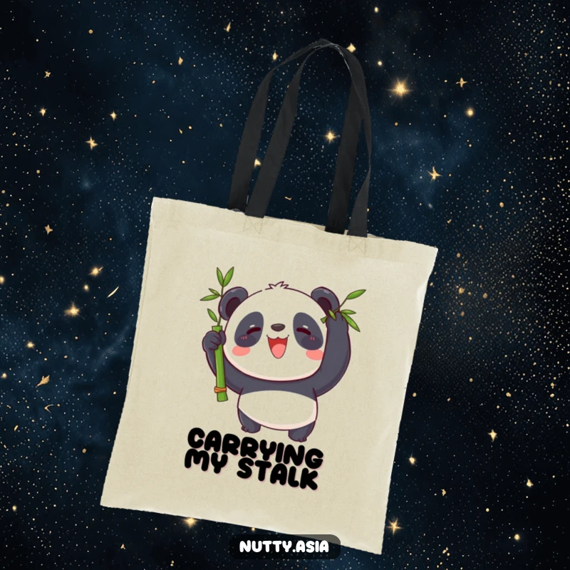 Playful panda balancing bamboo on its nose, a stylish and humorous tote bag.